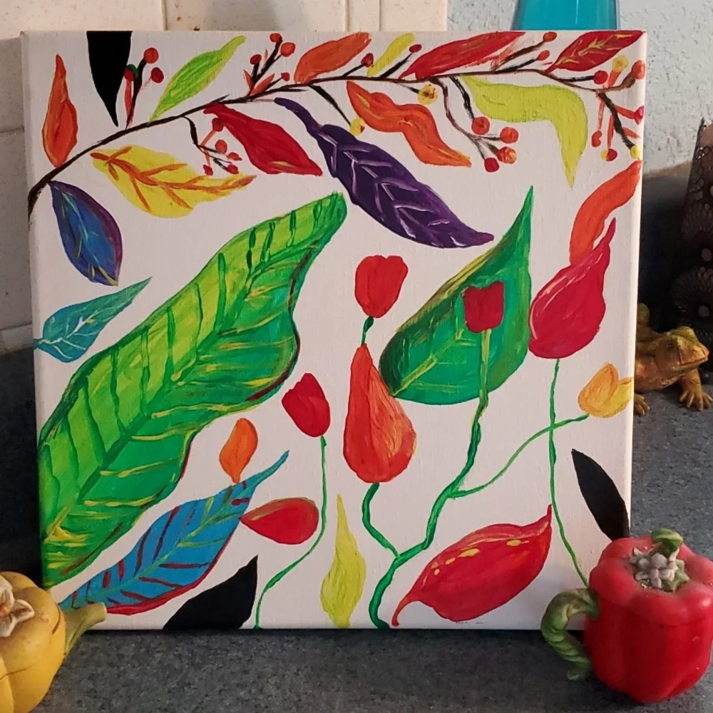 Original Unique Folk Art Floral Fauna Acrylic Painting Handmade‎ Art Home Decor